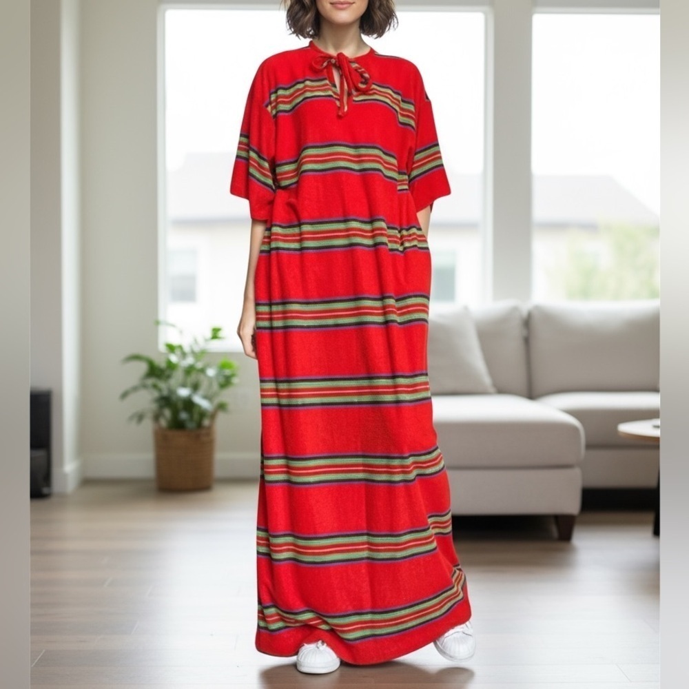 Vintage 70s Clovis Ruffin Caftan Maxi Dress Terry Knit Stripe, Saks Fifth Avenue